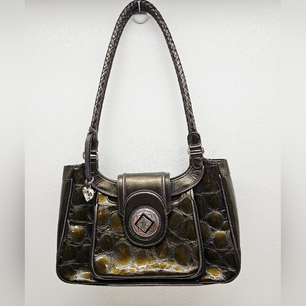 Brighton Cher Khaki/Bronze Patent Leather Front Pocket Organizer Shoulder Bag